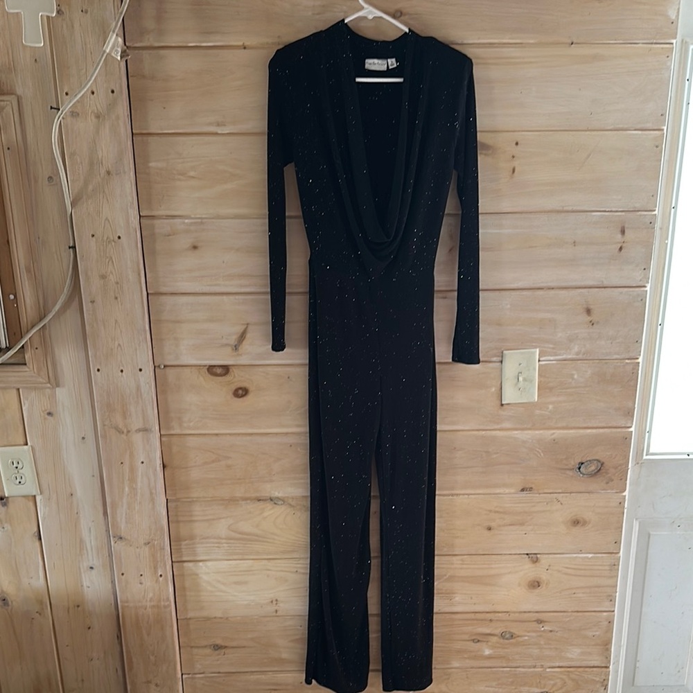 Premier Amour Black Long-Sleeve sparkle Jumpsuit with V-Neck